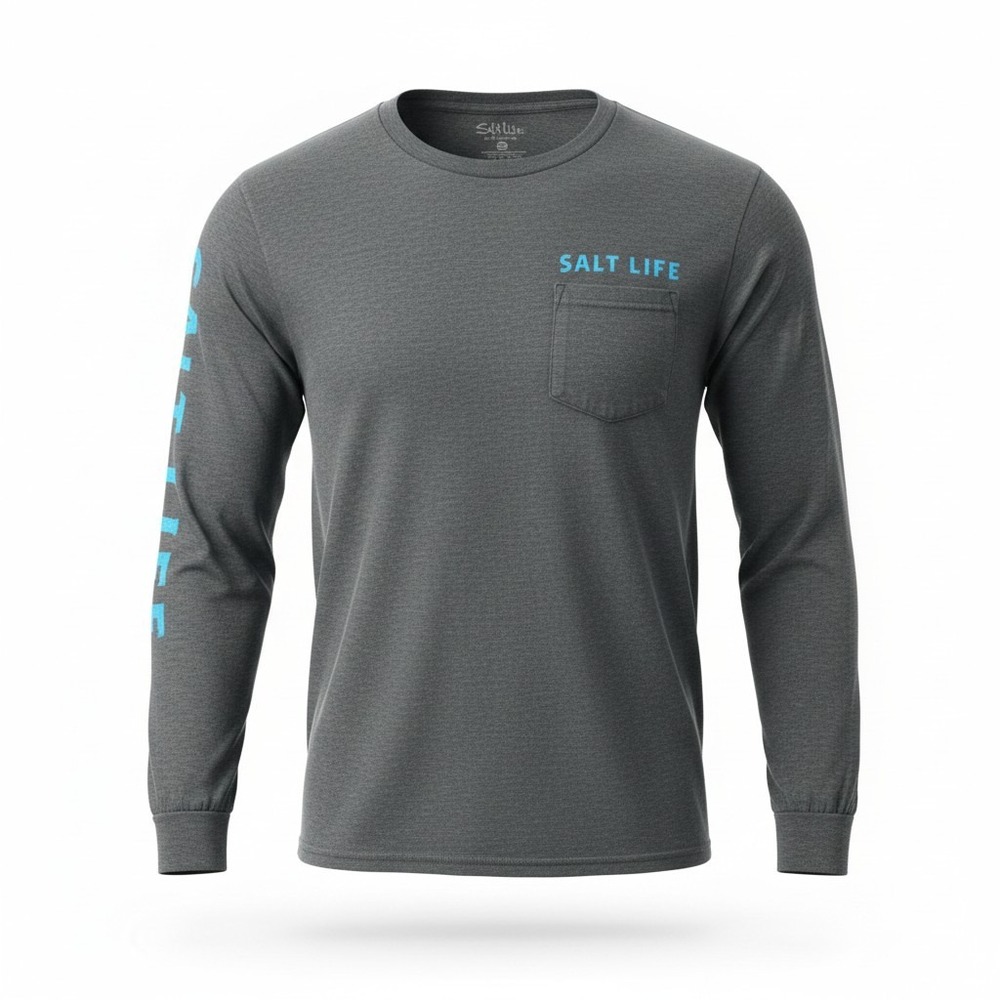 Salt‎ Life Long Sleeve T-Shirt Mens L Gray Good Aquaholic Graphic Pocket Tee